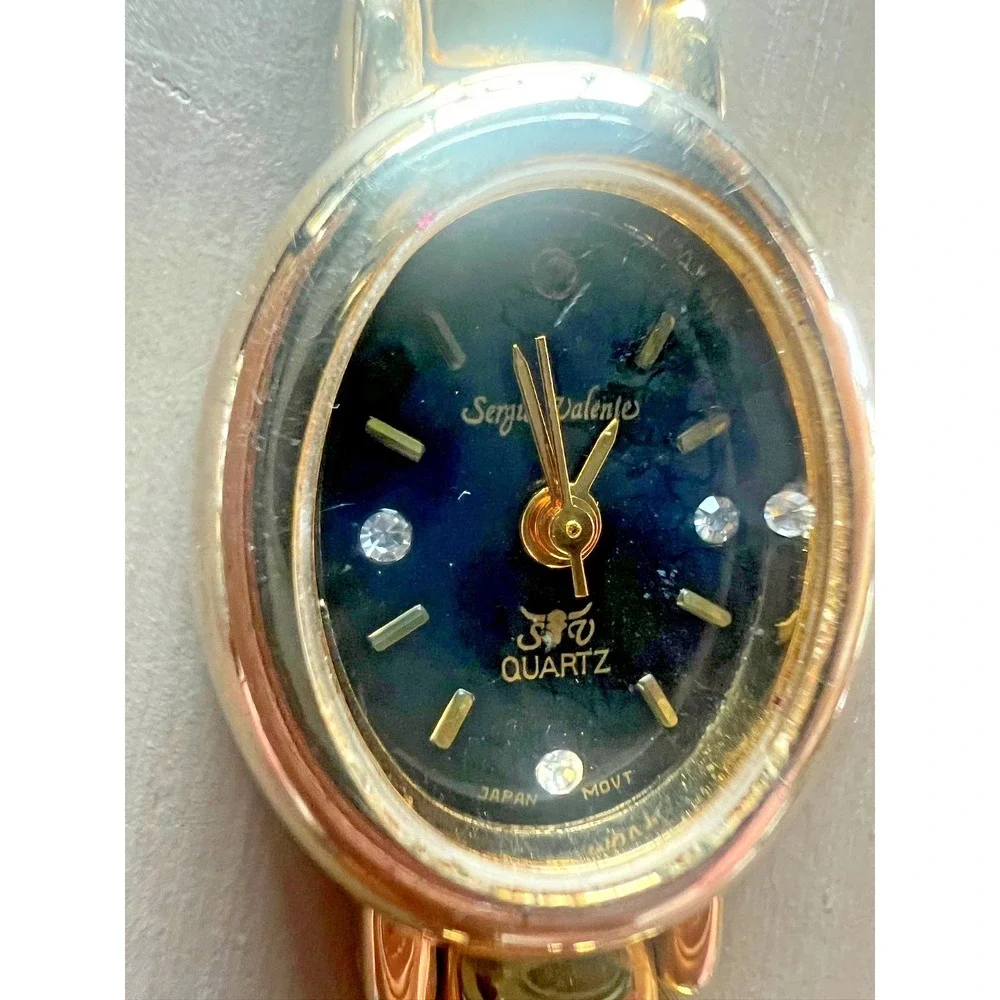 Sergio Valente Women's Watch Gold Tone Oval Black Dial Crystal Japan Mov't Dress